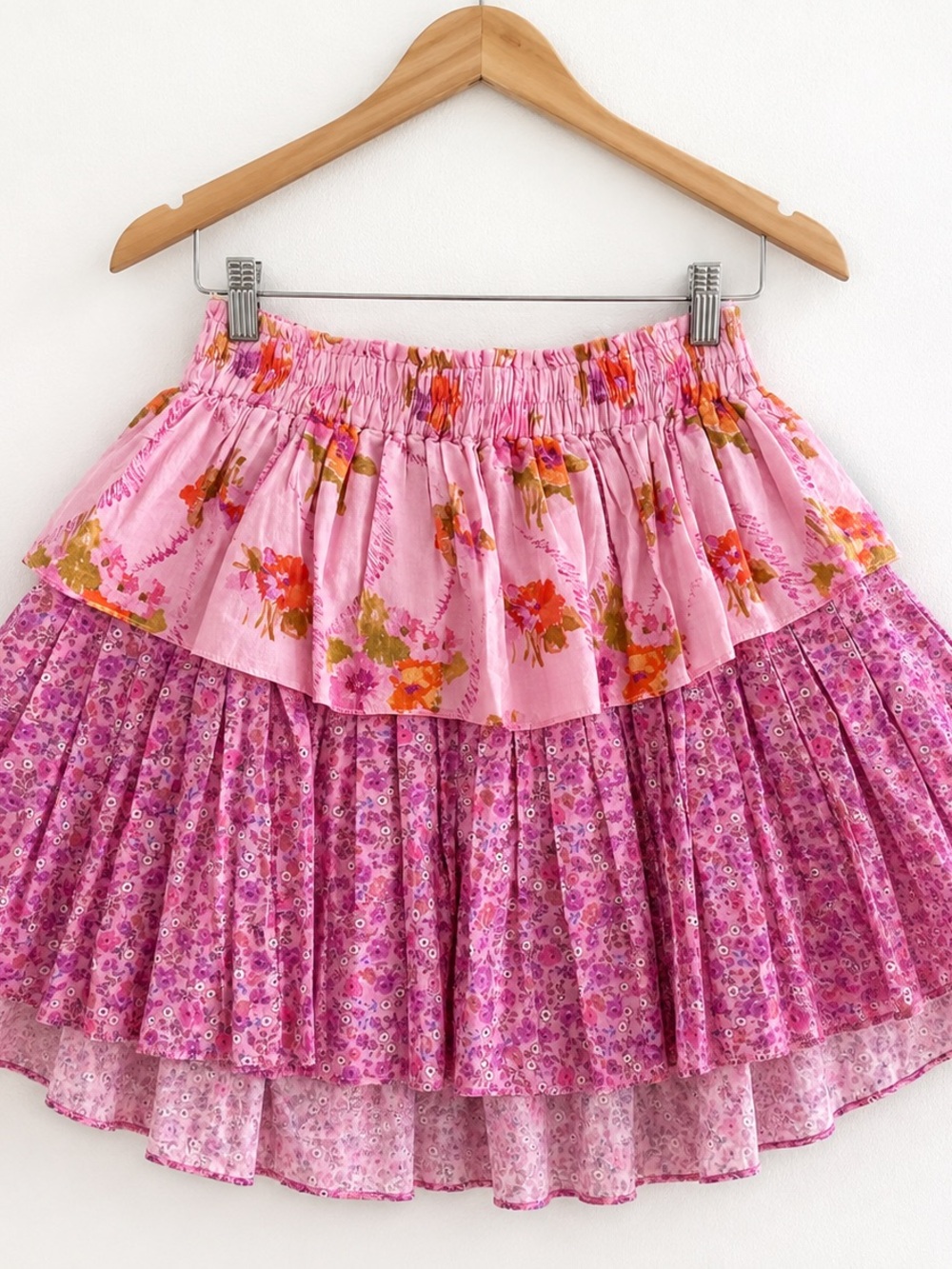 LoveShackFancy Pink Floral Tiered Circle Skirt